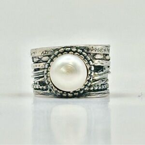 Sterling Silver &  Pearl Wide Band Ring size 7